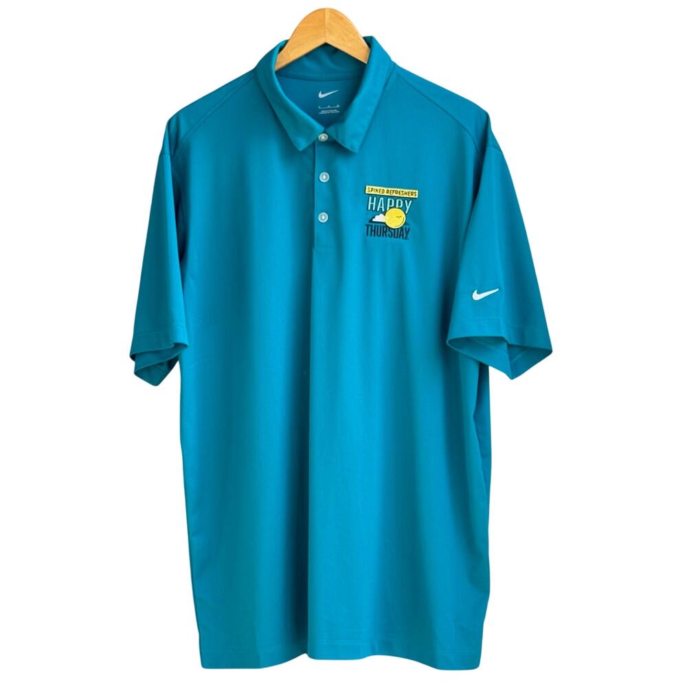 Nike Polo Shirt XL Happy Thursday Spiked Refreshers Logo Turquoise Blue
